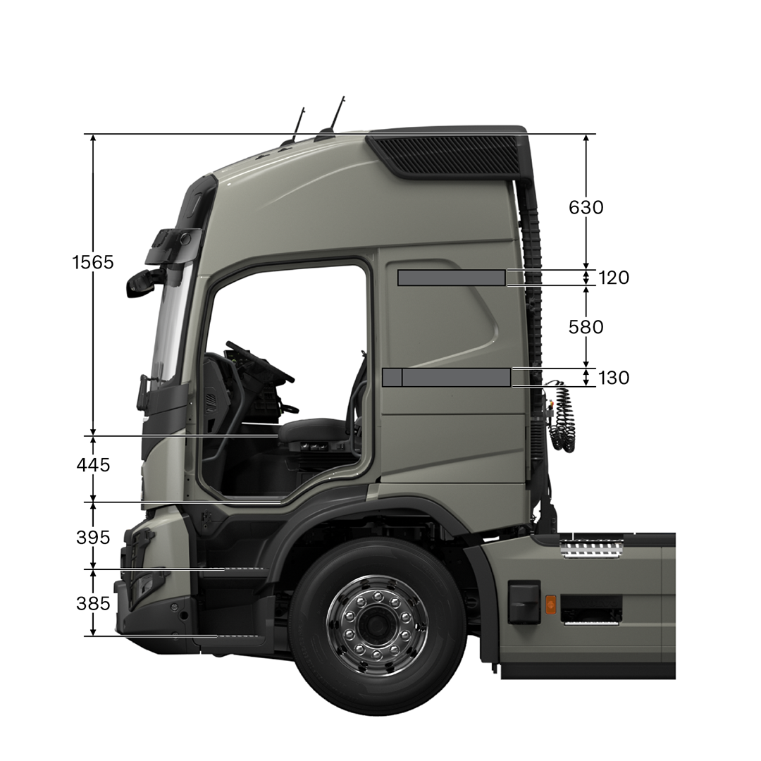 FMX globetrotter cab with measurements, viewed from the side